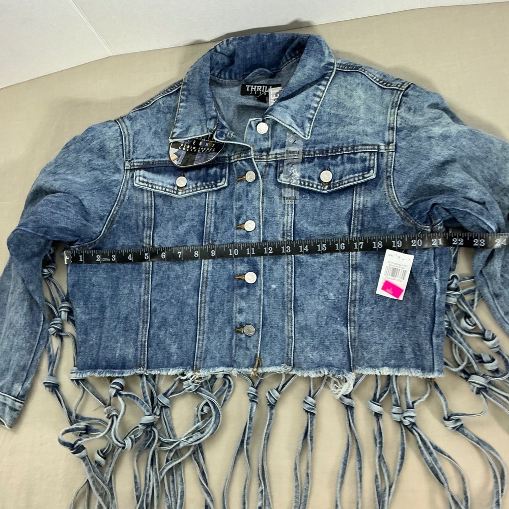 Thrill Jeans Womens Acid Wash Macrame Fringe Denim Jacket Blue Large - Picture 6 of 6
